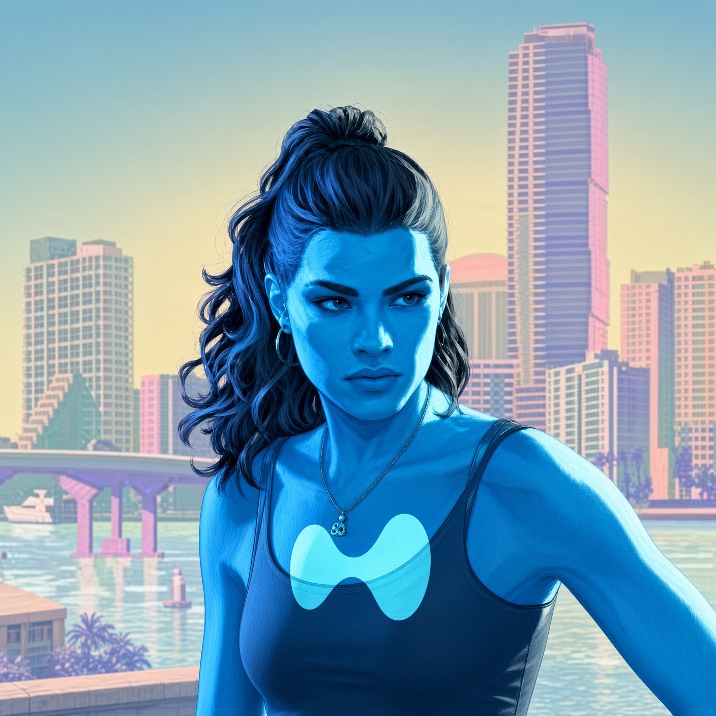 Liquidia: blue skin, dark curly hair in a high ponytail, black tank top with a mint print, Leonida skyline behind her